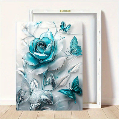 Elegant Turquoise Blue Crystal Rose & Teal Butterflies Canvas Wall Art With Wooden Frame.