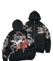 Dragon Embroidery Long Sleeve Hooded Zipper Sweatshirt