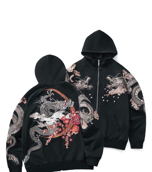 Dragon Embroidery Long Sleeve Hooded Zipper Sweatshirt