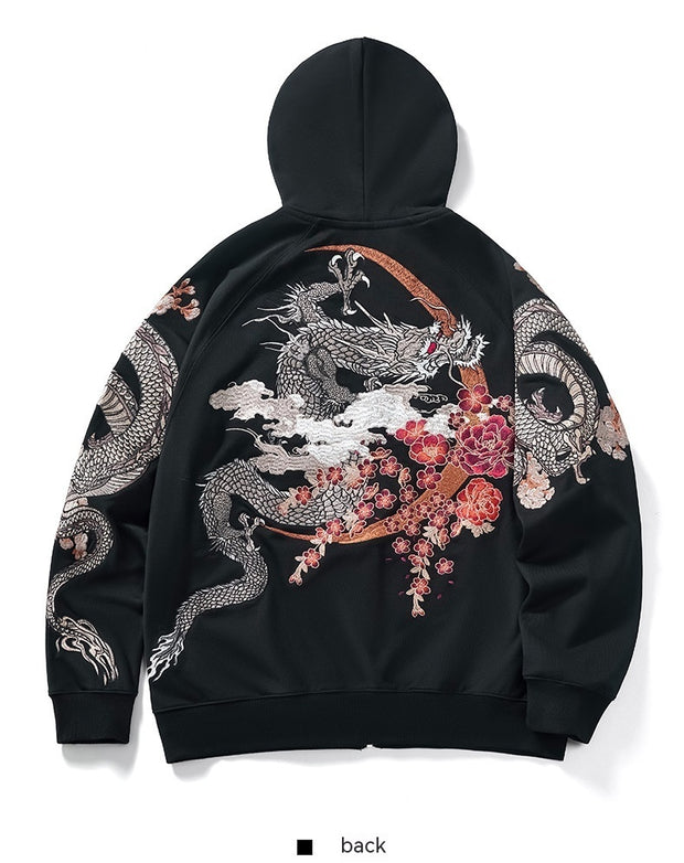 Dragon Embroidery Long Sleeve Hooded Zipper Sweatshirt
