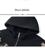 Dragon Embroidery Long Sleeve Hooded Zipper Sweatshirt