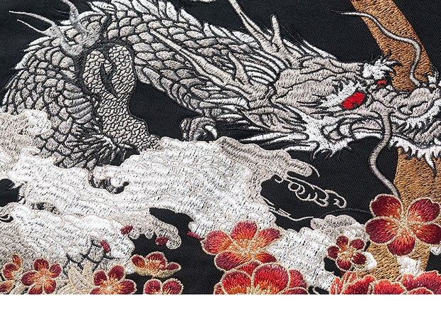 Dragon Embroidery Long Sleeve Hooded Zipper Sweatshirt