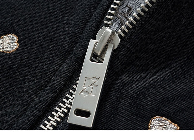 Dragon Embroidery Long Sleeve Hooded Zipper Sweatshirt