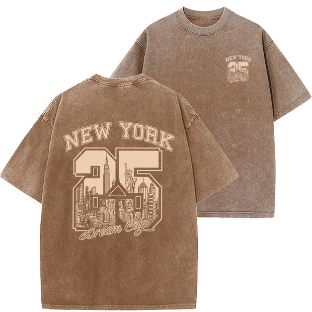 New Vintage Print Washed Short-sleeved T-shirt