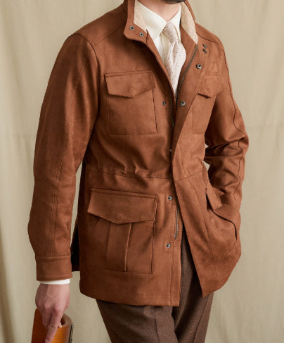 Stand Collar Faux Suede Slim Waist Safari Jacket Jacket