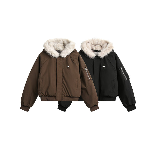 New Real   Fur Collar Short Connecting Cap Cotton  Jacket