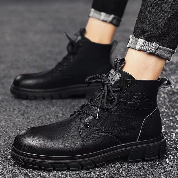 High-top Men's Black Leather Shoes