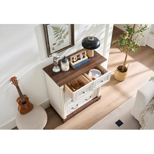 Farmhouse Style 5 Drawer Dresser Chest With Base Wooden Rustic Chest Of Drawers, Storage