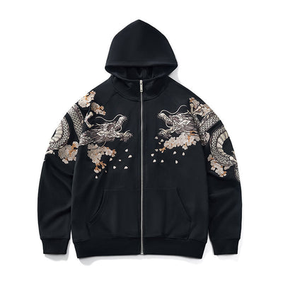 Dragon Embroidery Long Sleeve Hooded Zipper Sweatshirt