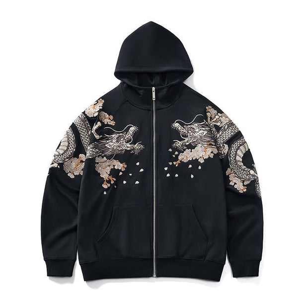 Dragon Embroidery Long Sleeve Hooded Zipper Sweatshirt
