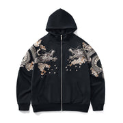 Dragon Embroidery Long Sleeve Hooded Zipper Sweatshirt