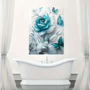 Elegant Turquoise Blue Crystal Rose & Teal Butterflies Canvas Wall Art With Wooden Frame.