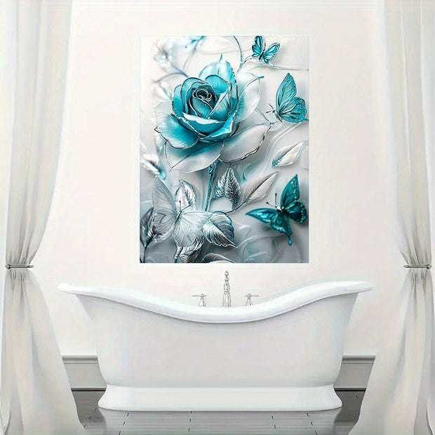 Elegant Turquoise Blue Crystal Rose & Teal Butterflies Canvas Wall Art With Wooden Frame.