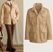 Stand Collar Faux Suede Slim Waist Safari Jacket Jacket