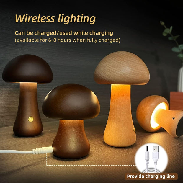 INS Wooden Cute Mushroom LED Night Light With Touch Switch  Bedside Table Lamp