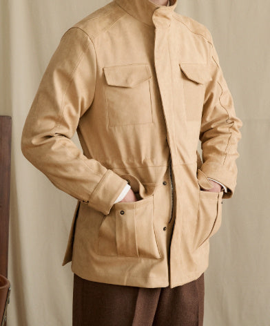 Stand Collar Faux Suede Slim Waist Safari Jacket Jacket