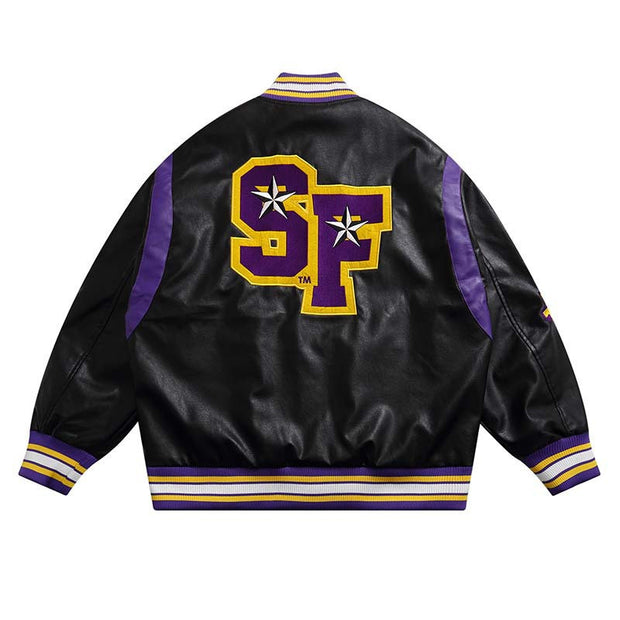 New Stitched PU Leather Baseball Uniform Loose Casual Jacket