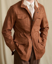 Stand Collar Faux Suede Slim Waist Safari Jacket Jacket