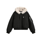 New Real   Fur Collar Short Connecting Cap Cotton  Jacket