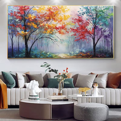 Colorful Abstract Tree Thick Oil Painting Hand Painted Forest Late Autumn Morning View