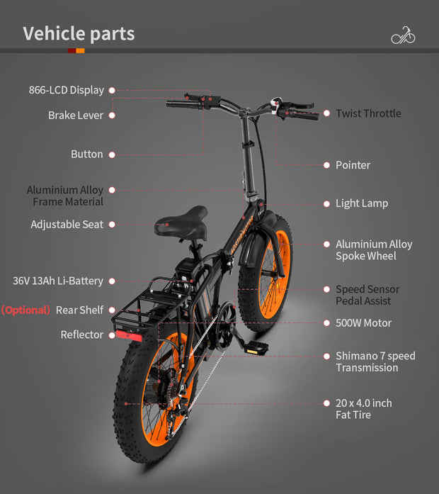 36V 500W Foldable Fat Tire E-Bike 20x4.0 Inch Commuter Bike ,13AH Lithium Battery, FR Disc Brake & 866 LCD Display