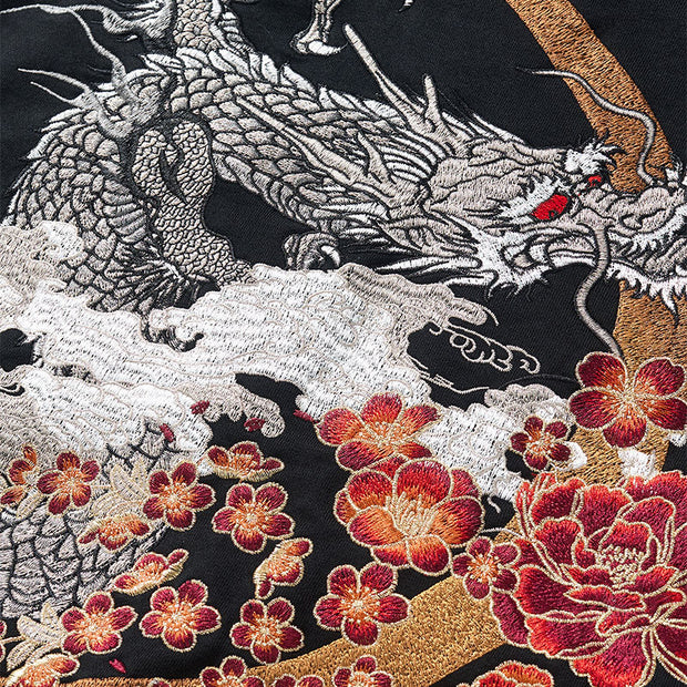 Dragon Embroidery Long Sleeve Hooded Zipper Sweatshirt