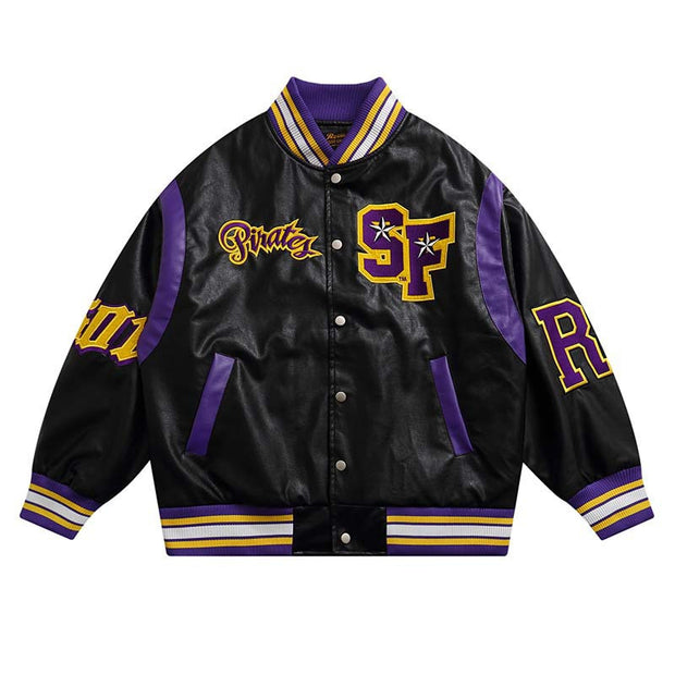 New Stitched PU Leather Baseball Uniform Loose Casual Jacket