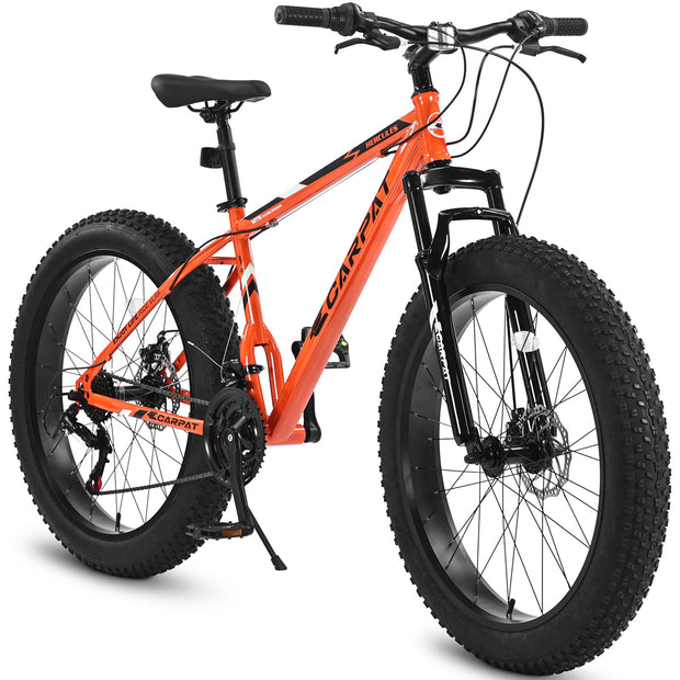26 Inch Fat Tire Bike Adult-Youth Full Shimano 21 Speed Mountain Bike, Dual Disc Brake, High-Carbon Steel .