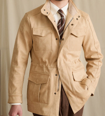 Stand Collar Faux Suede Slim Waist Safari Jacket Jacket