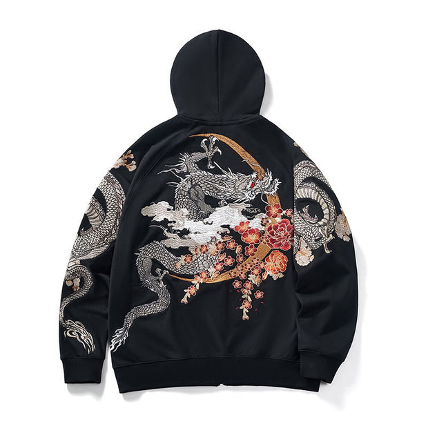 Dragon Embroidery Long Sleeve Hooded Zipper Sweatshirt