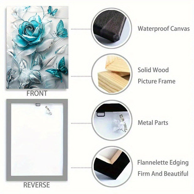Elegant Turquoise Blue Crystal Rose & Teal Butterflies Canvas Wall Art With Wooden Frame.