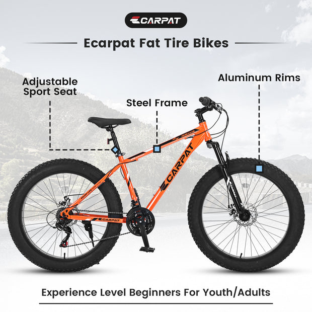 26 Inch Fat Tire Bike Adult-Youth Full Shimano 21 Speed Mountain Bike, Dual Disc Brake, High-Carbon Steel .