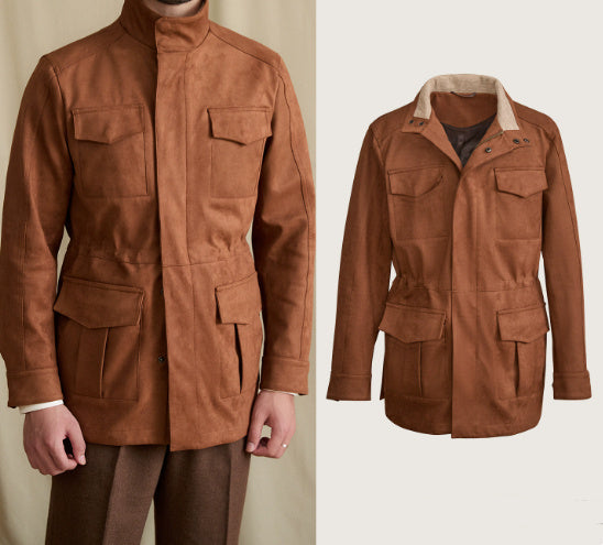 Stand Collar Faux Suede Slim Waist Safari Jacket Jacket