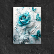 Elegant Turquoise Blue Crystal Rose & Teal Butterflies Canvas Wall Art With Wooden Frame.