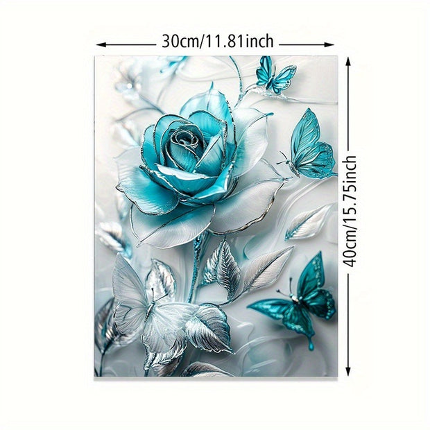 Elegant Turquoise Blue Crystal Rose & Teal Butterflies Canvas Wall Art With Wooden Frame.
