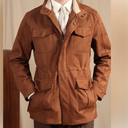 Stand Collar Faux Suede Slim Waist Safari Jacket Jacket